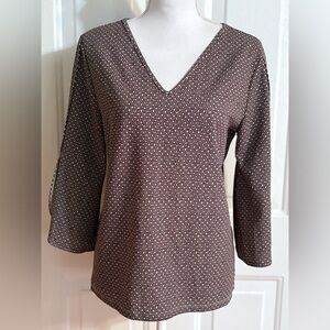 Ann Taylor Womens Blouse Brown Stretch Geometric Long Split Hem Sleeve Top M